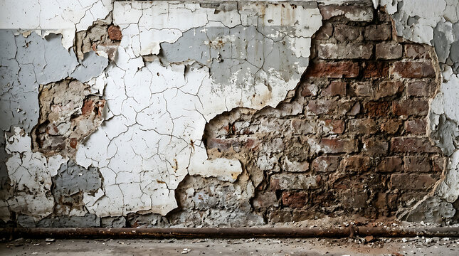 Aged Texture of Cracking Plaster and Weathered Red Brick Wall