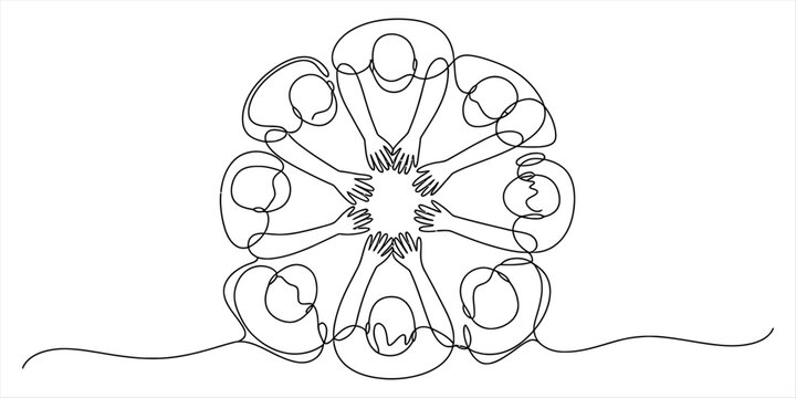 Continuous single line drawing of a group of people sitting in a circle joining their hands together for teamwork unity and partnership concept