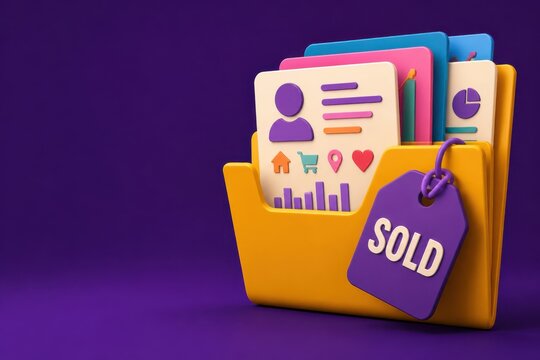 3D sales folder with sold tag and business documents on purple background