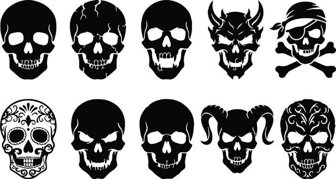Black skulls and devil faces illustration set