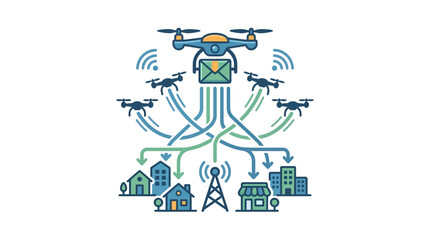 Obraz premium Drone Delivery Network Concept: Autonomous Drones Delivering Packages to Residential Homes