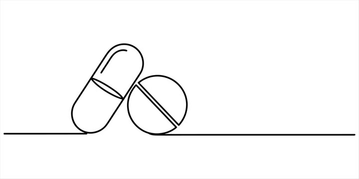 Continuous line drawing of a medical pill and a round tablet capsule symbol for healthcare pharmacy treatment and medication design element vector illustration