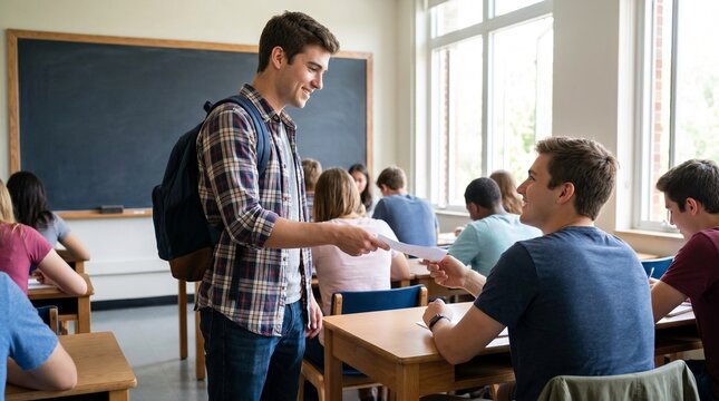 Student hands paper to classmate in classroom during lesson