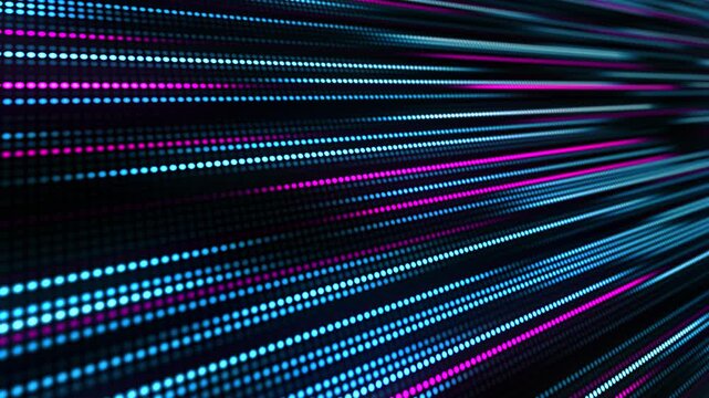 Fast moving glowing digital lines composed of blue and pink neon dots. Digital technology background. Digital display. 4K animation.