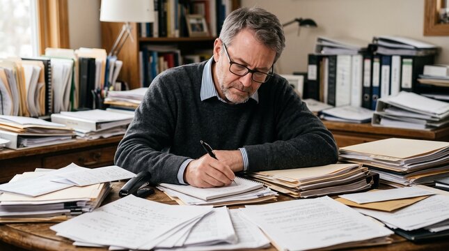 Mature man with glasses writing in notebook surrounded by stacks of paper and files