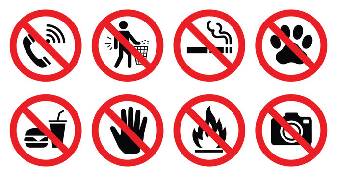 Prohibited Icons, no cell phone, smoking, pets, litter, eating, drinks, fire, photography and touch prohibition symbols