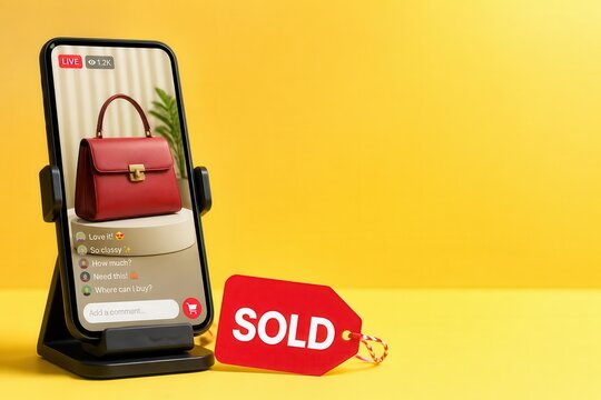 Live shopping screen with luxury handbag and sold tag