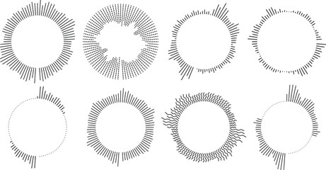 Circular sound wave collection, 8 radial audio frequency spectrum vectors, minimalist music equalizer rings for podcast and studio production © monasa