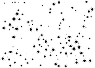 Obraz premium Minimalist black star pattern on white background, celestial night sky vector illustration, scattered twinkling stars and dots graphic element