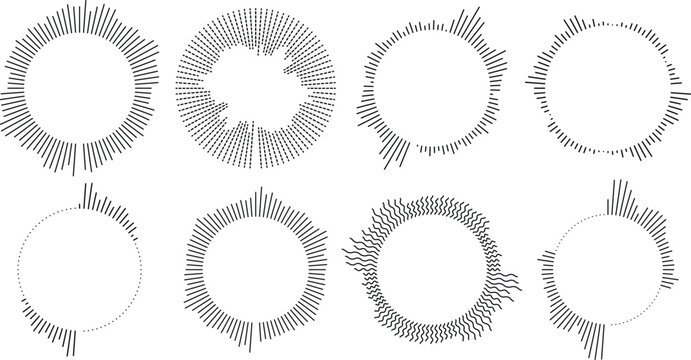 Circular sound wave collection, 8 radial audio frequency spectrum vectors, minimalist music equalizer rings for podcast and studio production