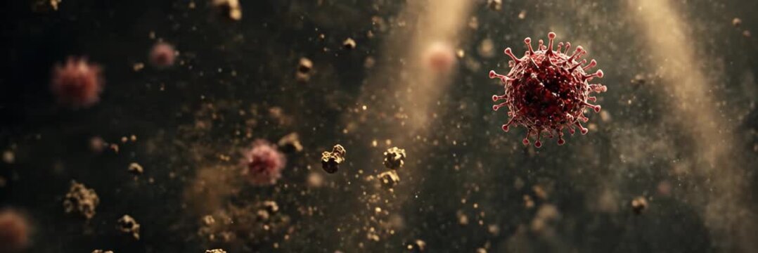Close-up virus particles floating in golden air, hantavirus, coronavirus, website banner