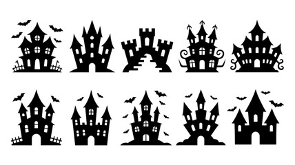 Collection of spooky haunted mansion silhouettes for Halloween celebrations and spooky designs © graphicssajib