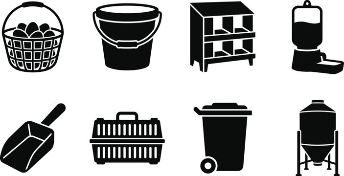 Farm Equipment and Poultry Supply Silhouette Set with Feeders Buckets Scoops and Storage Icons