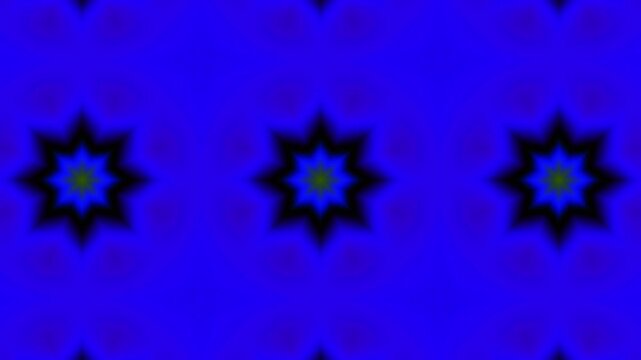 Vibrant blue background with glowing starburst patterns. Symmetrical design radiates energy through repeating shapes