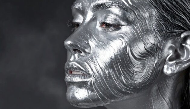 Close-up of woman with metallic silver face paint.