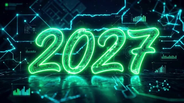 Futuristic 2027 new year with glowing green circuit numbers. Digital technology innovation and cyber grid background. Future holiday celebration concept for tech greetings