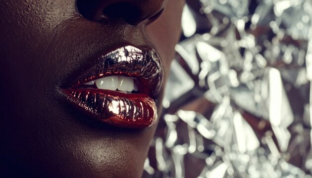 Close-up of woman with silver metallic lips.