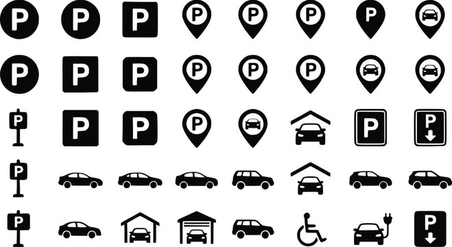Vector parking icons set with signs and cars illustration for design