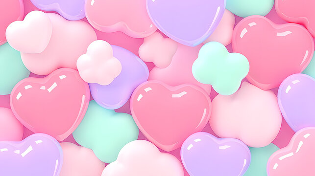艶やかな光沢のあるピンクやパープルの3Dハートとぷっくりとした雲のような図形が敷き詰められた、可愛いポップな抽象横型背景素材
