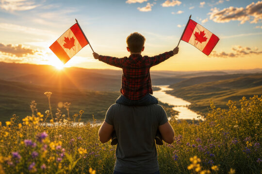 Adorable cute happy Caucasian boy holding Canadian flag on the father shoulder