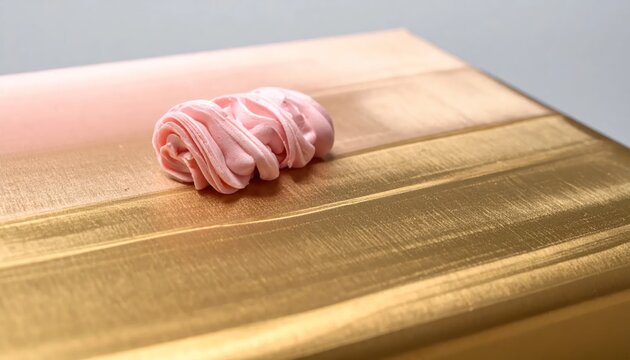 Close up pink paint dab on gold metallic surface