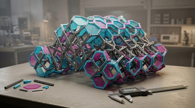 Close-up 3D render of collapsible scissored surfaces, interlocking polymer struts, repeating hexagonal cells, and foldable lattice panels in cyan, magenta, and graphite, shown as a technical prototype
