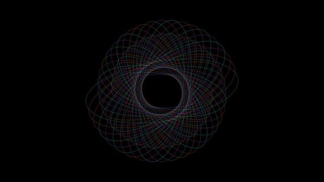 Abstract geometric spirograph animation with rotating colorful intersecting lines on 4k black background