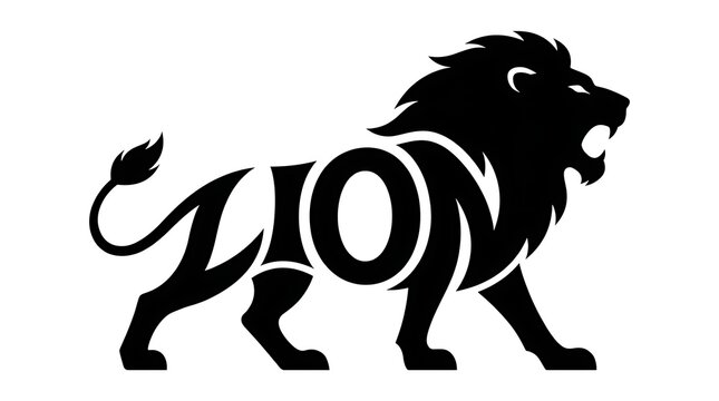 Creative roaring lion typography vector illustration where the body forms the word LION. Silhouette of wild king of jungle lion logo or tattoo design.