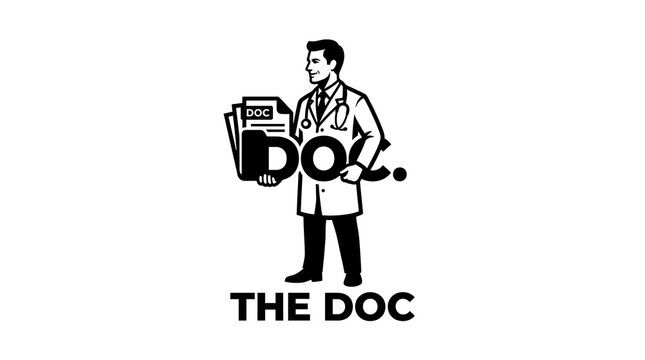 Conceptual logo vector featuring a male doctor holding medical documents with the text wordplay The Doc.