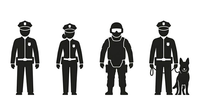 Set of black and white police officer silhouettes including male and female cops, tactical swat soldier, and k9 officer with German Shepherd dog.