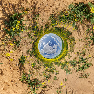 creative tiny planet photo of a rural landscape with dirt road, green fields, and cloudy sky forming a circular world.