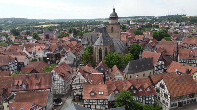 Aerial View Alsfeld a town in the center of Hesse, in Germany 4k.