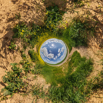 creative tiny planet photo of a rural landscape with dirt road, green fields, and cloudy sky forming a circular world.