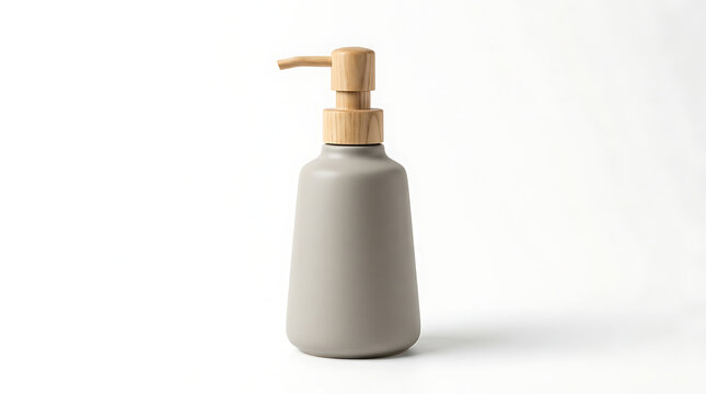 Gray Ceramic Soap Dispenser with Light Wooden Pump on white background
