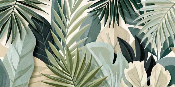 Tropical leaf pattern abstract background with green and beige tones
