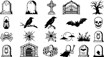 Fototapeta premium Halloween themed black and white clipart set including tombstones spooky creatures and eerie symbols for decoration or design