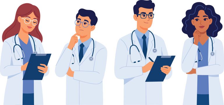 Set of Diverse Doctors and Medical Staff Characters Thinking, Writing on Clipboards, and Analyzing Diagnoses for Healthcare Concepts Vector Illustration