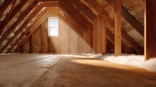 Attic interior with exposed wooden rafters and thermal insulation for home renovation, energy efficiency, construction and remodeling background