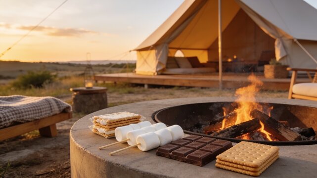 Smores ingredients like chocolate, graham crackers, and marshmallows lie on a concrete fire pit in front of a luxury canvas tent, showing a cozy summer vacation.