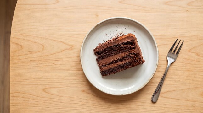 dessert arrangement, a delectable slice of chocolate cake on a pristine plate with a fork