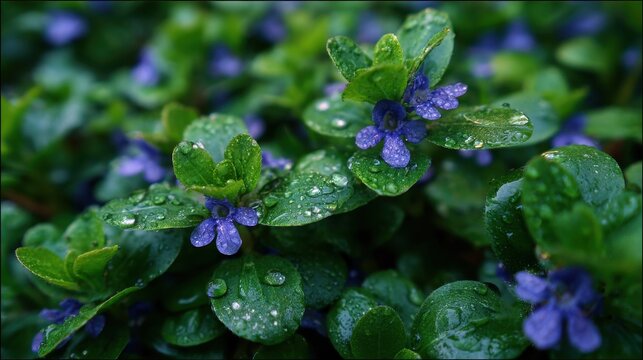 Soft daylight scene showing blue bugleweed spreading as a low-growing groundcover with emerald foliage