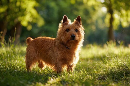 Playful Australian Terrier outdoors, wagging tail in a green meadow
