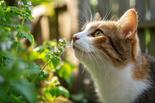 Playful feline explores blooming catnip in a peaceful backyard scene