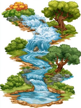 Flowing water represents different emotional states, showing hyperarousal above, optimal window in the middle, and hypoarousal below, all in nature.