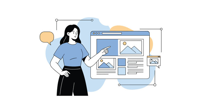 Young woman pointing at web page mockup templates with image placeholders, showing concept of website interface design.