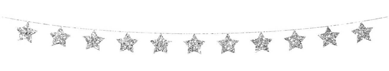 Fototapeta premium Christmas garland with silver glitter stars on a transparent background. New Year's decoration.
