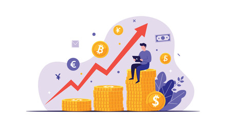 Obraz premium Businessman working on laptop while sitting on top of a tall stack of gold coins with a rising red arrow representing growth.