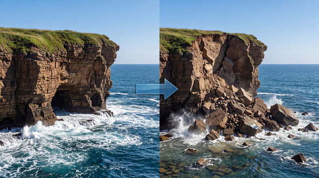 Coastal erosion and wave action on a marine cliff.