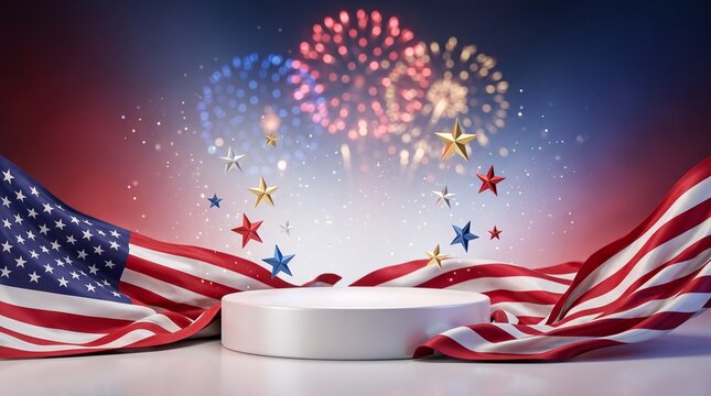 American Flag Background with Product Display Pedestal and Patriotic Fireworks