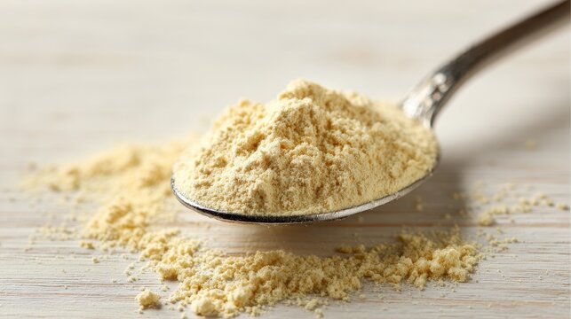 Macro photograph of a teaspoon with soy lecithin powder for cooking and health